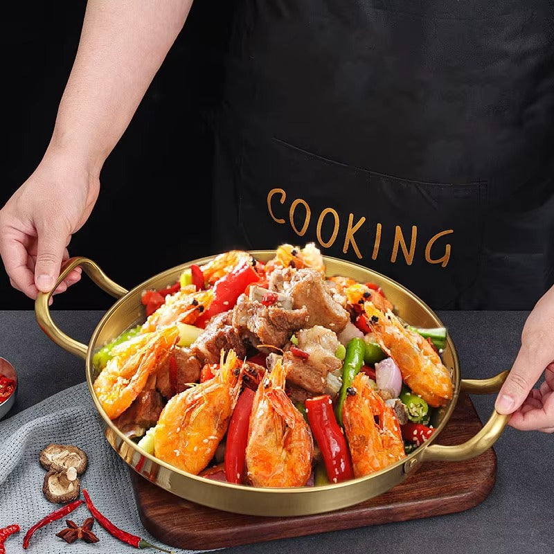 وعاء خضروات مسطح القاع ذهبي ، طبق أذن مزدوجة صغيرة