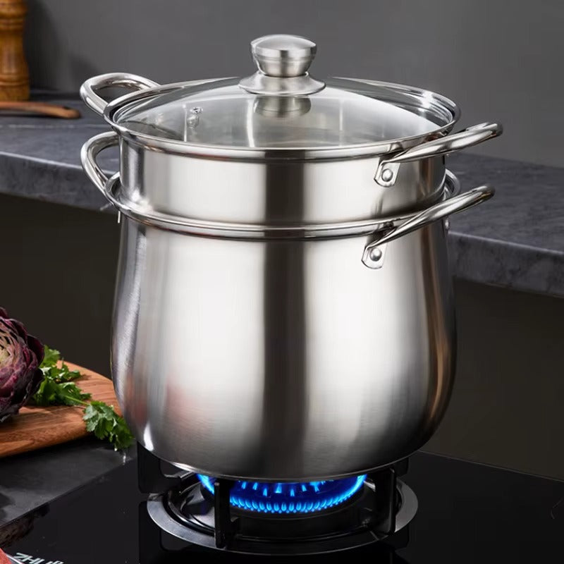 وعاء حساء كلاسيكي عالي من الفولاذ المقاوم للصدأ سميك ذو سعة كبيرة مضاد للحروق قاع مزدوج للاستخدام التجاري المنزلي إضافي