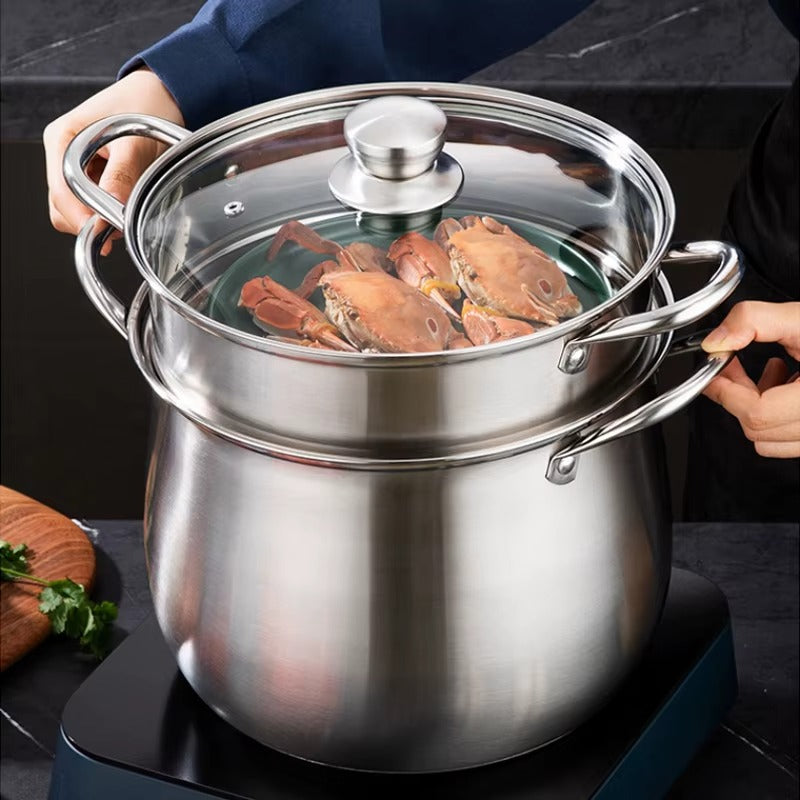 وعاء حساء كلاسيكي عالي من الفولاذ المقاوم للصدأ سميك ذو سعة كبيرة مضاد للحروق قاع مزدوج للاستخدام التجاري المنزلي إضافي