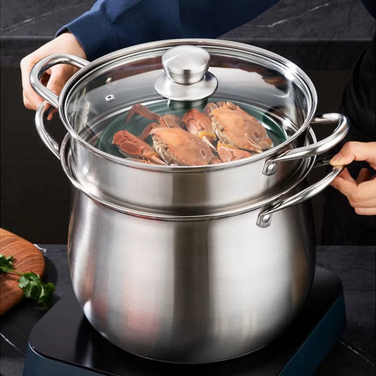 وعاء حساء كلاسيكي عالي من الفولاذ المقاوم للصدأ سميك ذو سعة كبيرة مضاد للحروق قاع مزدوج للاستخدام التجاري المنزلي إضافي