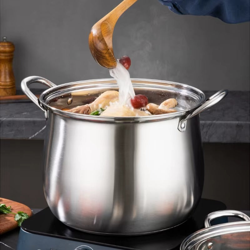 وعاء حساء كلاسيكي عالي من الفولاذ المقاوم للصدأ سميك ذو سعة كبيرة مضاد للحروق قاع مزدوج للاستخدام التجاري المنزلي إضافي